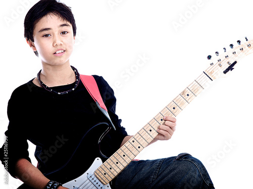 child with guitar isolated on white background