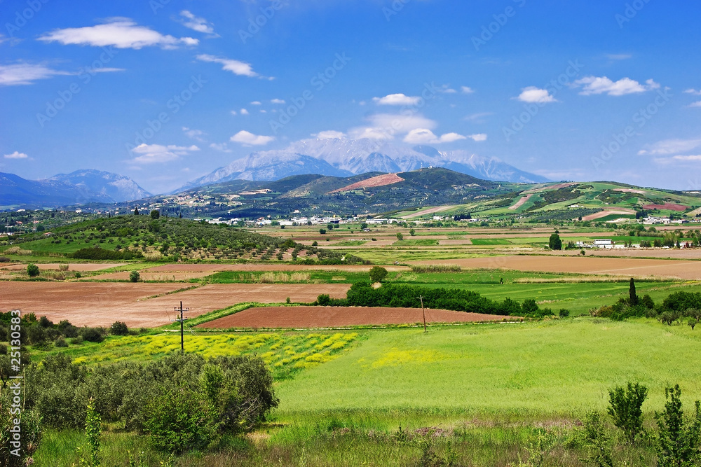 View of the valley and Mount Parnassus in Greece View of the valley and Mount Parnassus in Greece