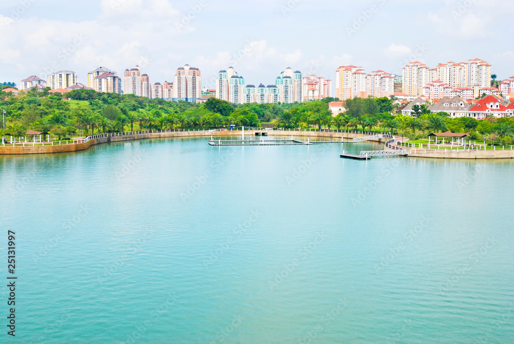 Colorful new buildings and putra Lake