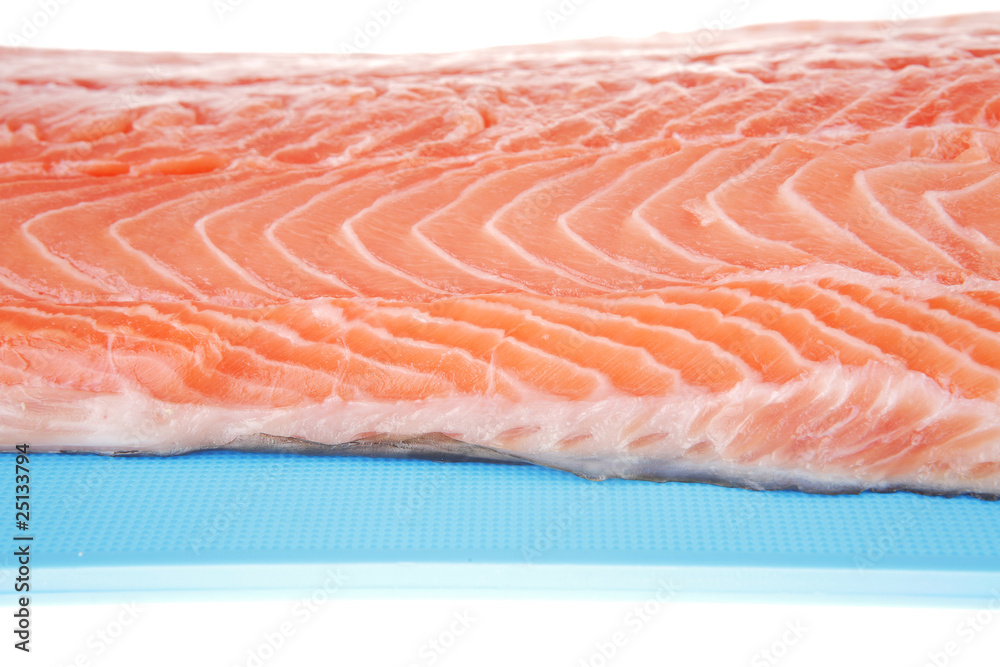 fresh uncooked salmon fillet on blue plate