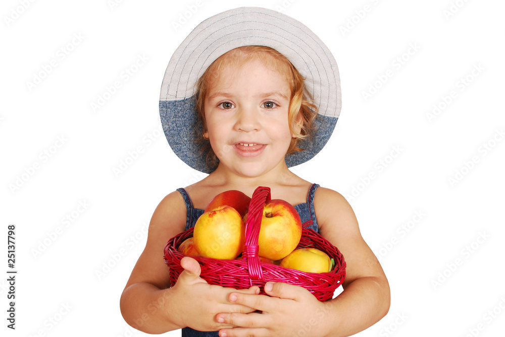 little girl holding basket with peaches little girl holding basket with peaches