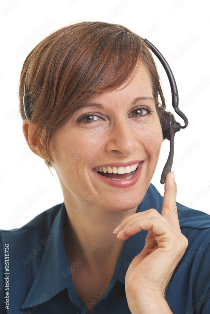 Smiling young woman telemarketer with hand on headset Smiling young woman telemarketer with hand on headset