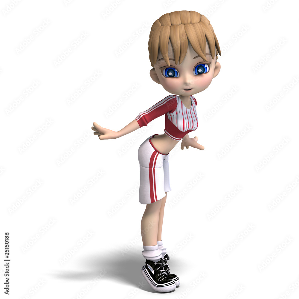 sweet little toon girl in short trousers. 3D rendering with clip
