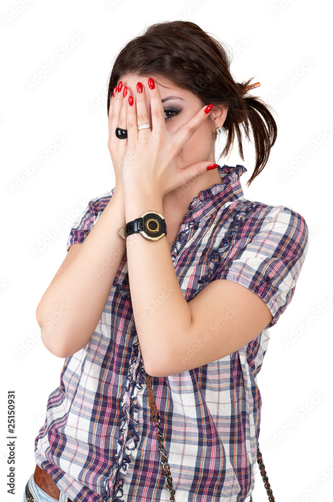 young teen woman covering her eye. isolated on white background young teen woman covering her eye. isolated on white background
