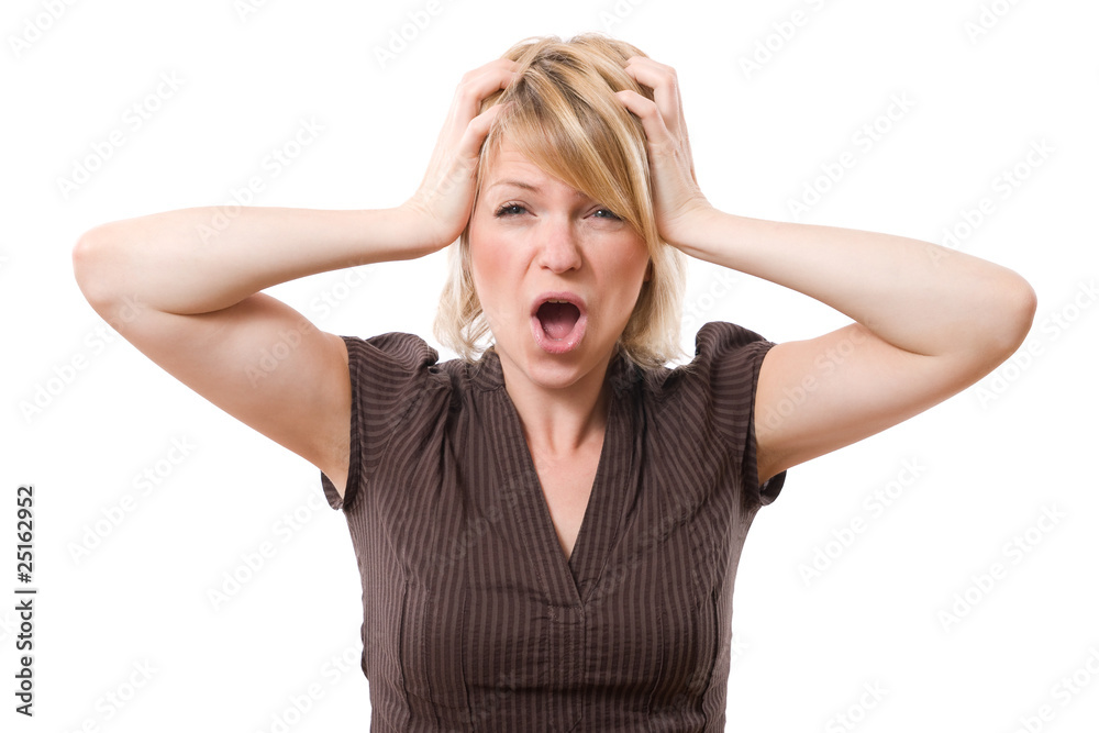 scared woman screaming with hands on the head scared woman screaming with hands on the head