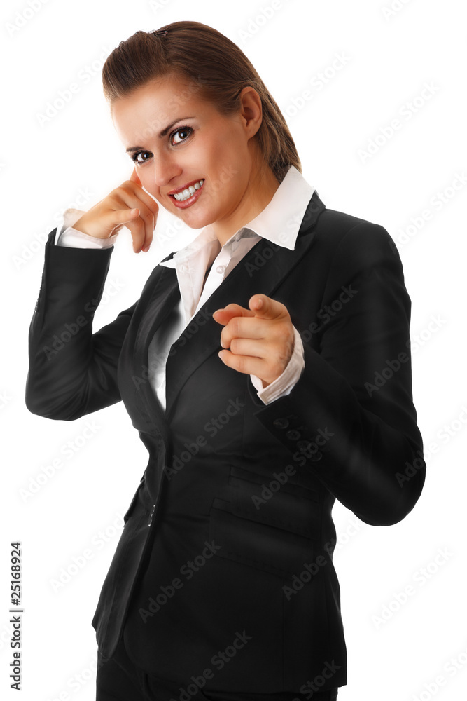 smiling modern business woman showing contact me gesture smiling modern business woman showing contact me gesture
