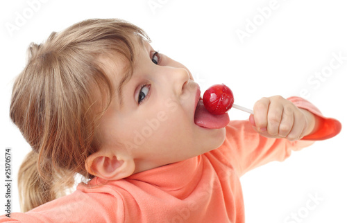 girl eating red lollipop, half body, looking at camera, isolated