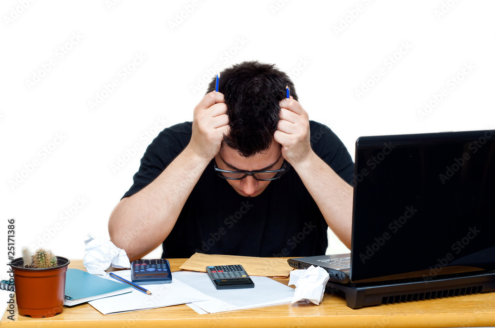 frustrated nerdy accountant at his desk isolated frustrated nerdy accountant at his desk isolated