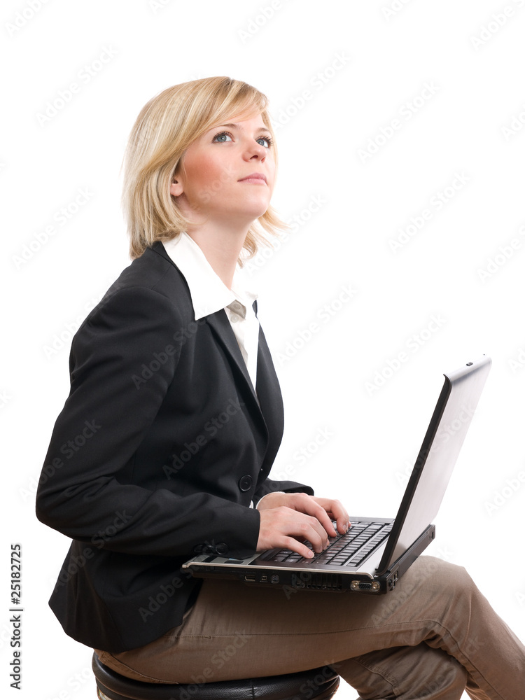 thinking businesswoman typing on her laptop thinking businesswoman typing on her laptop