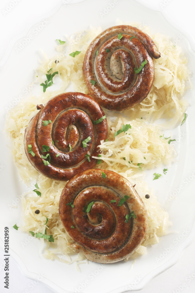 Fototapeta premium German Cuisine: Spiral-Shaped Bratwursts