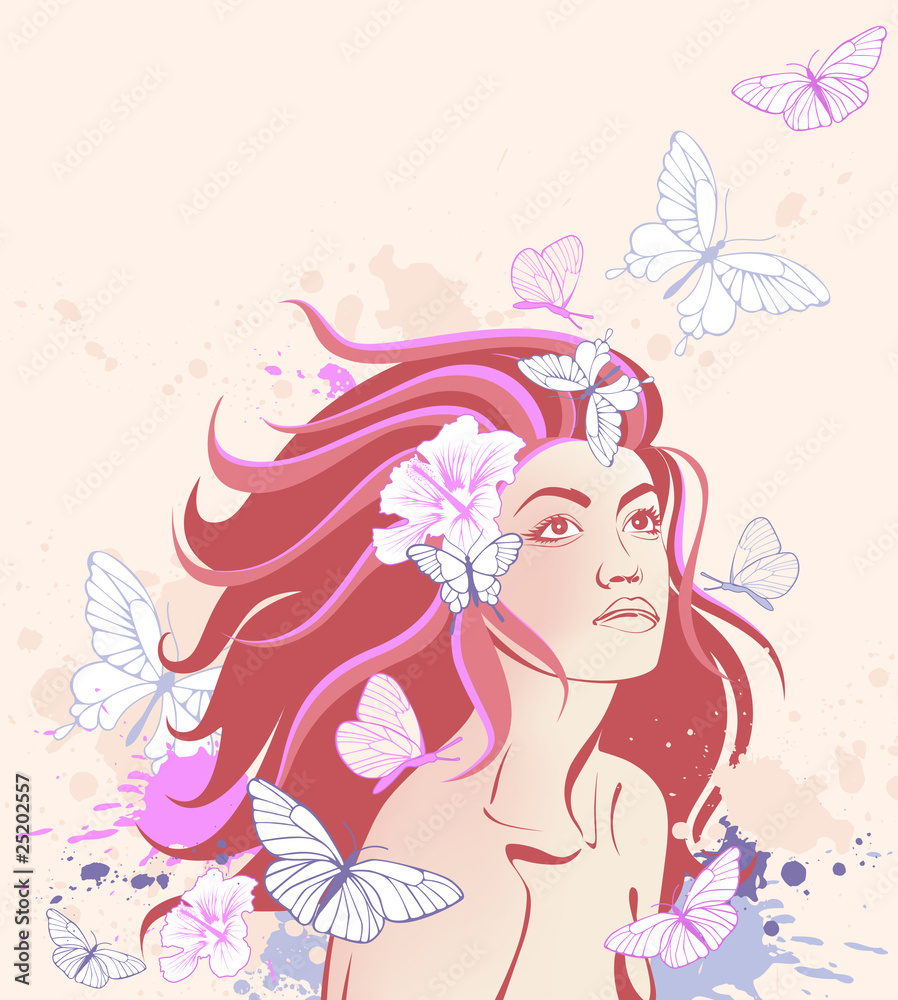 Plakat background with girl and butterflies