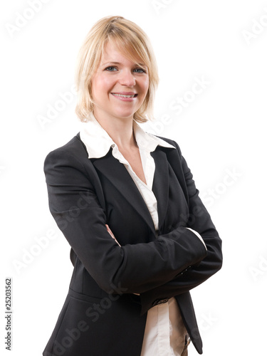 successful smiling businesswoman standing isolated on white