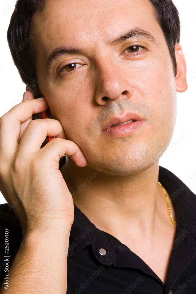 Close up portrait of a young casual man on the phone, isolated o Close up portrait of a young casual man on the phone, isolated o