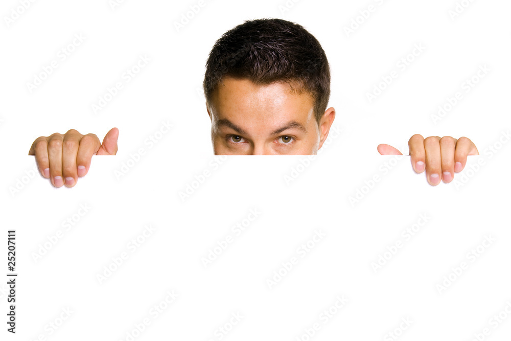 Potrait of a young guy holding blank billboard Potrait of a young guy holding blank billboard