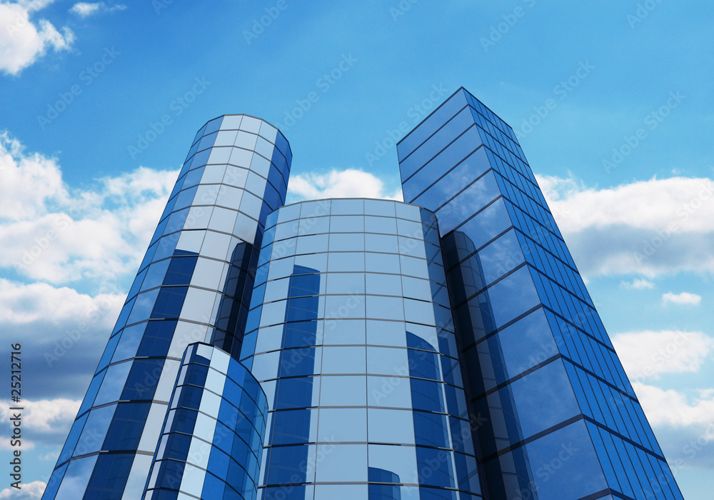 High-altitude glass buildings with the sky and clouds