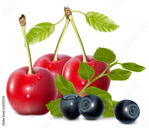 Photo-realistic vector of cherries and blueberries.