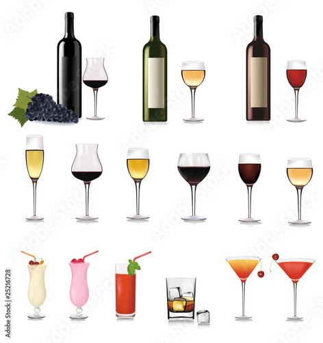 Set of different drinks and cocktails. Vector illustration.