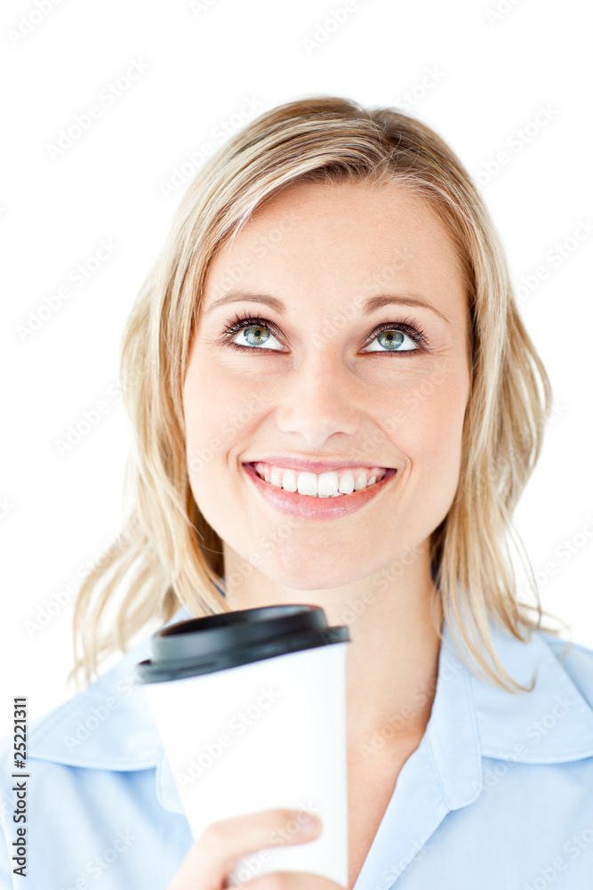 Attractive businesswoman holding a drinking cup isolated Attractive businesswoman holding a drinking cup isolated