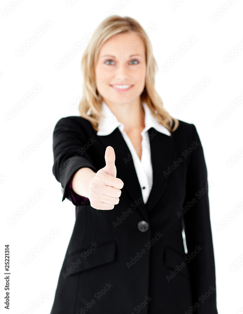 Positive caucasian businesswoman with thumb up Positive caucasian businesswoman with thumb up