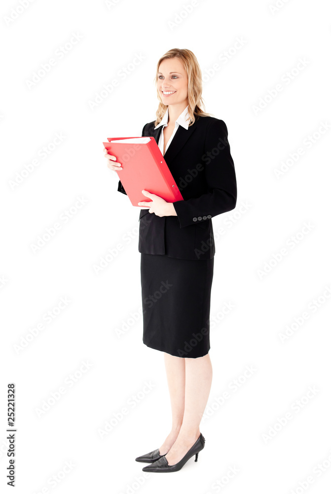 Smiling businesswoman holding a red folder Smiling businesswoman holding a red folder