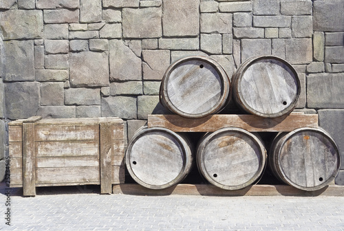 wooden barrels and crate