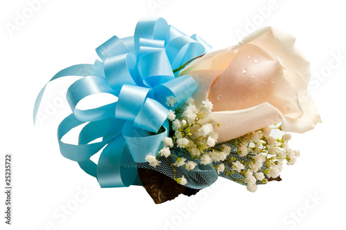 Photography Corsage with blue ribbon, cream colored rose