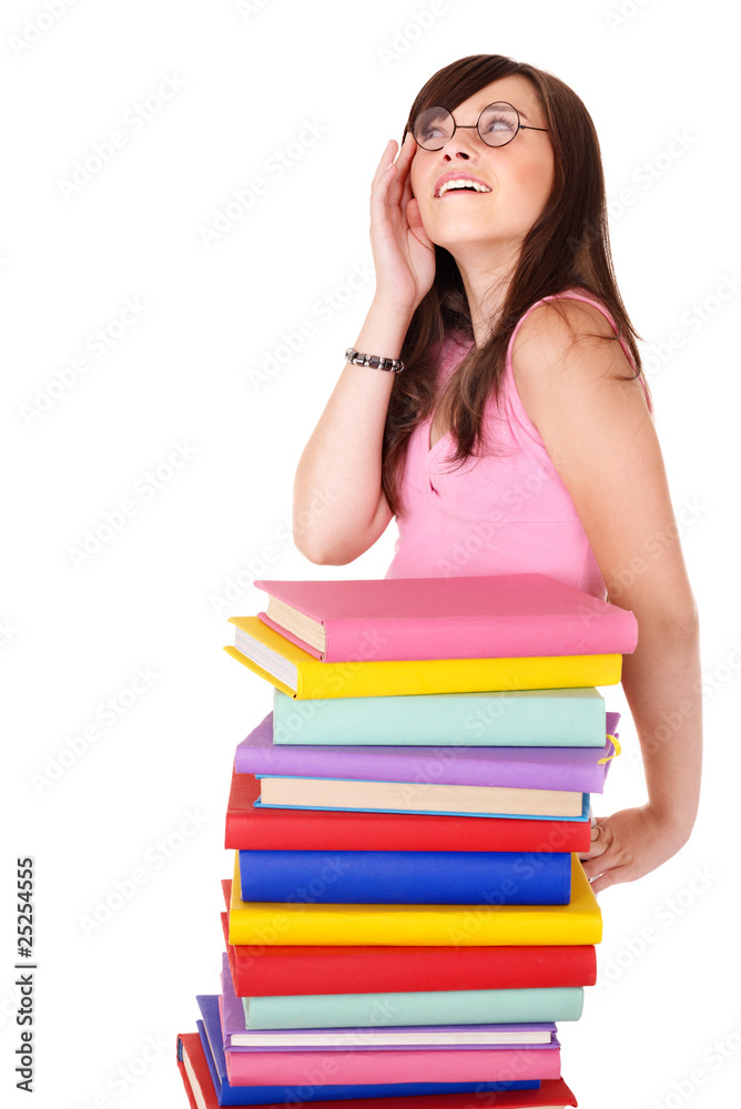 Girl with pile colored book. Isolated. Girl with pile colored book. Isolated.