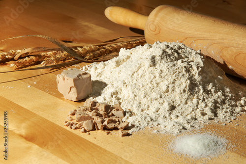 Yeast and flour, copyspace, Hefe und Mehl