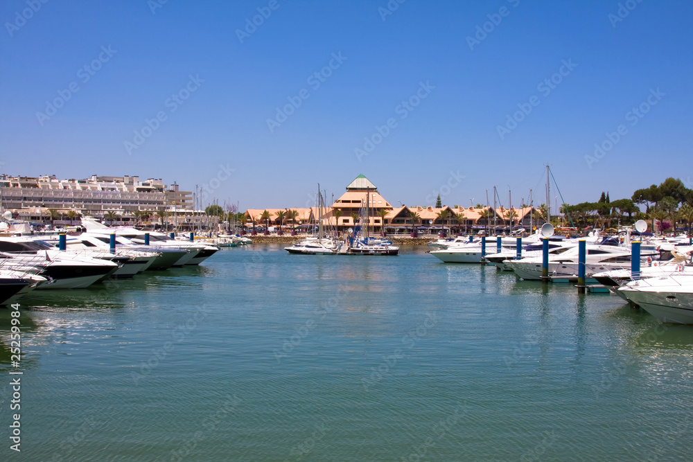 Luxurious yachts docked in marina of Vilamoura, south Portugal
