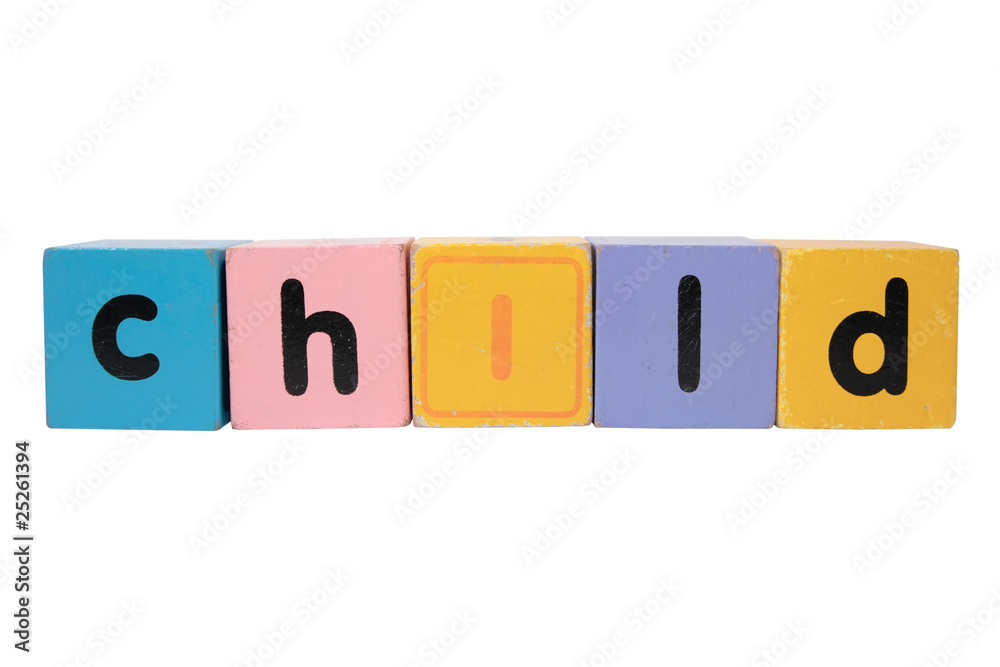 child in toy play block letters with clipping path on white