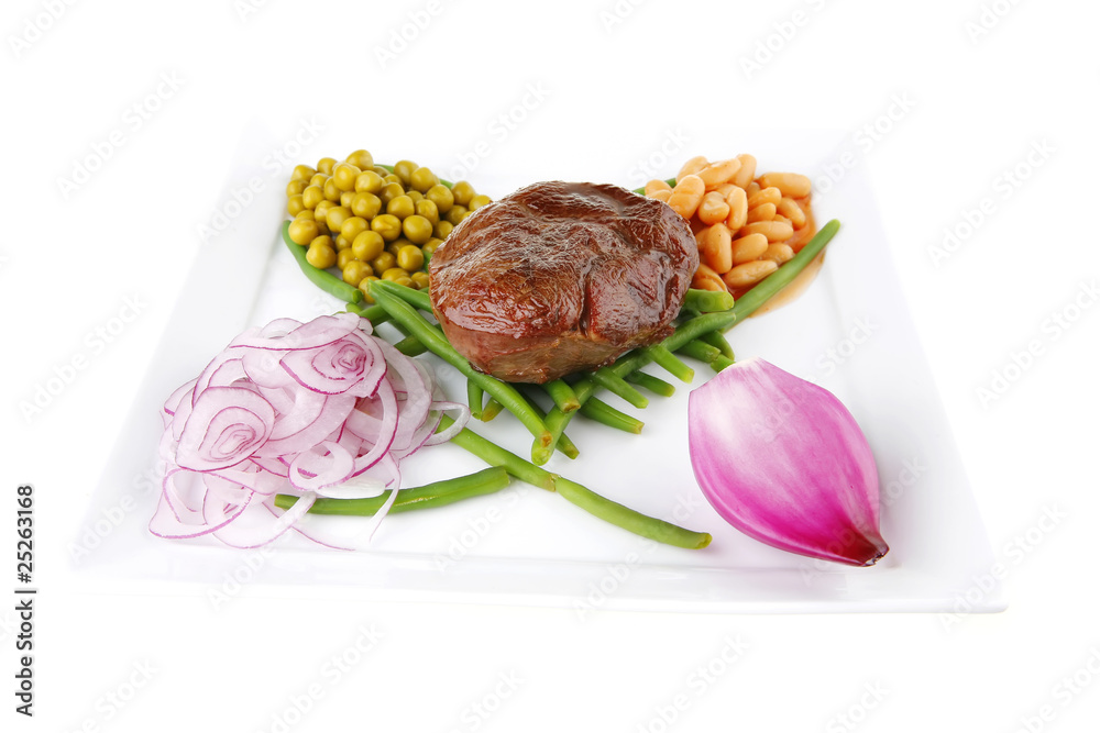 roast meat medalion on beans