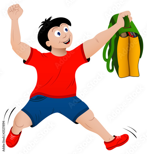 Back to school concept of jumping happy boy with bag