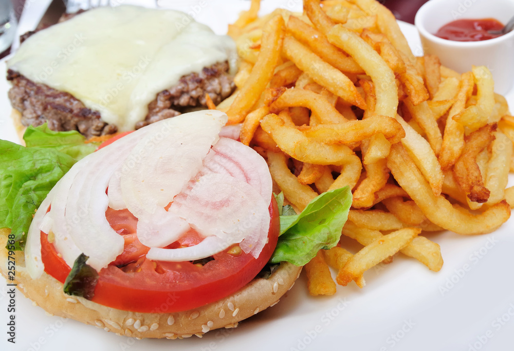 American cheese burger with fresh salad