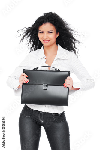 pretty smiley woman holding black briefcase photo