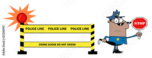 Yellow Police Line And African American Traffic Police Officer