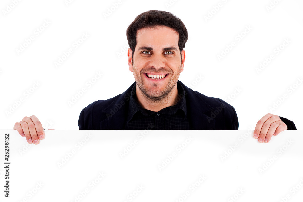 Portrait of a happy male holding blank white card Portrait of a happy male holding blank white card