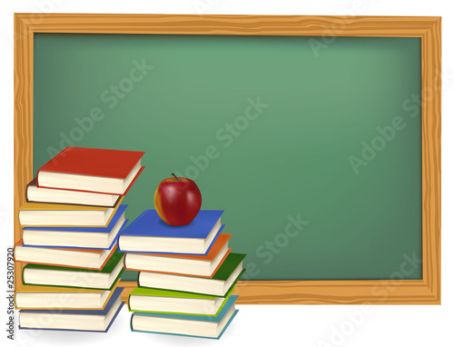 School books with apples on the desk. Vector.