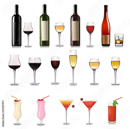 Set of different drinks and cocktails. Vector illustration.