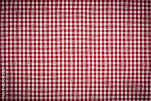 Red, White Gingham Checkered Tablecloth Background with Vignette