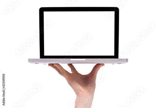 a male hand holding a laptop photo