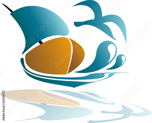 boat in the sea waves, colorful logo with drops and seagull