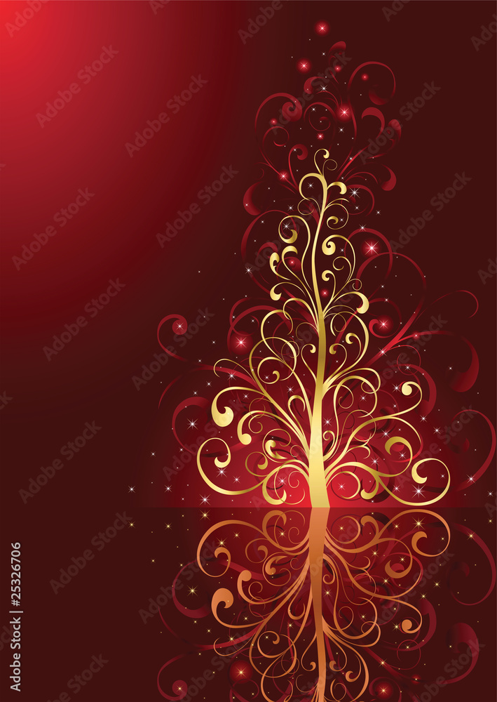 Red background with Christmas tree