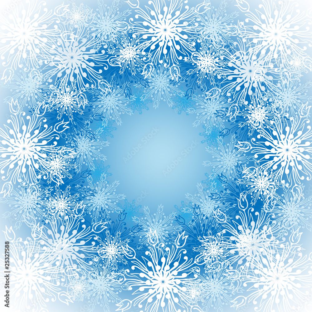 Frosted window. Christmas snowflakes pattern.