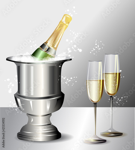 Ice champagne bottle with two glasses, vector illustration