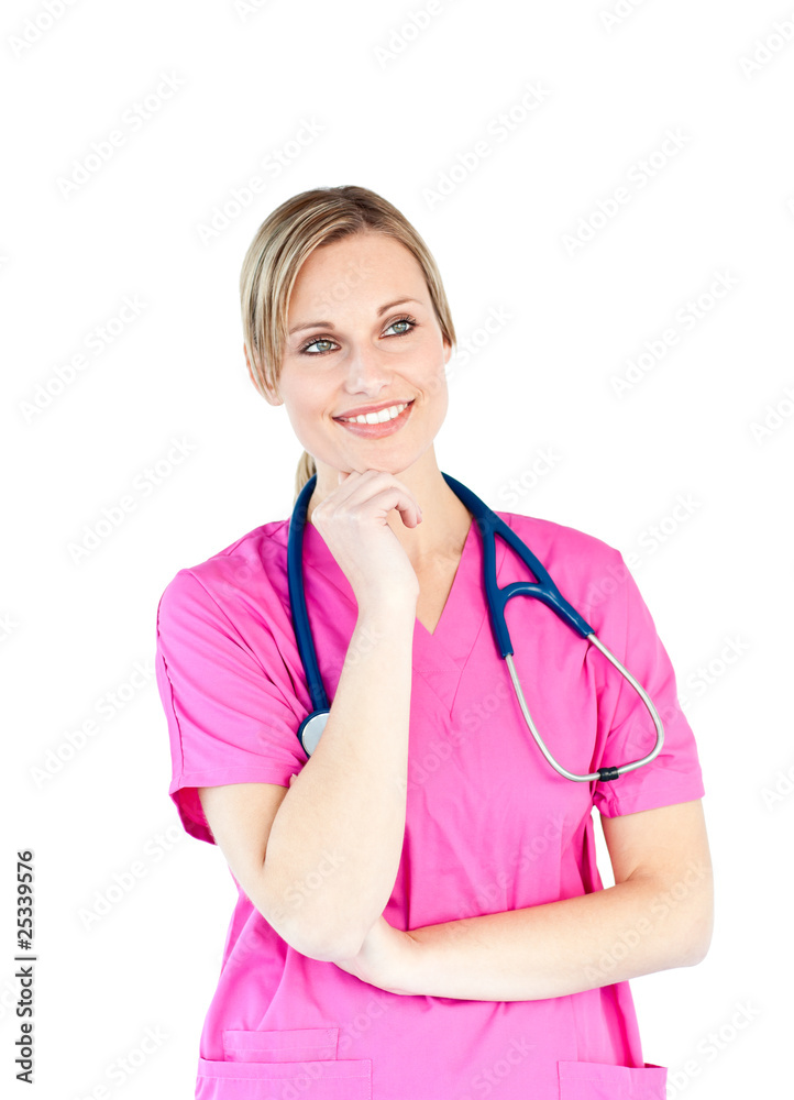 Thoughtful female doctor smiling at the camera Thoughtful female doctor smiling at the camera