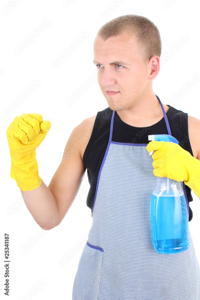 man in apron posing with cleaning supplies man in apron posing with cleaning supplies