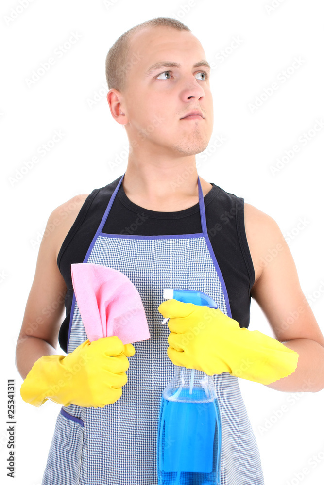 man posing with spray and dusher man posing with spray and dusher