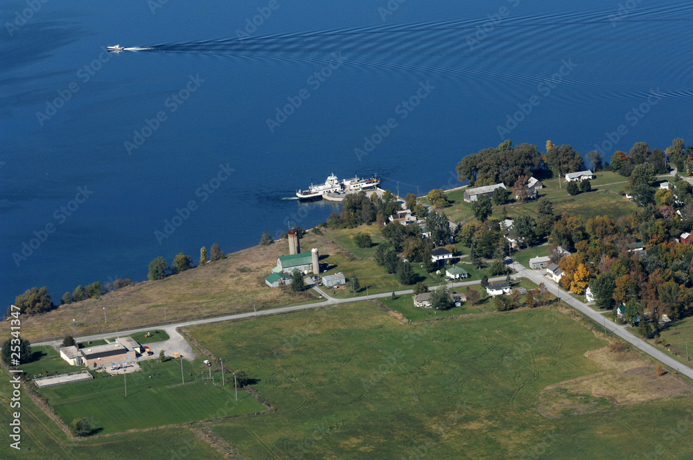 Aerial view of the lake island and a ferry boat