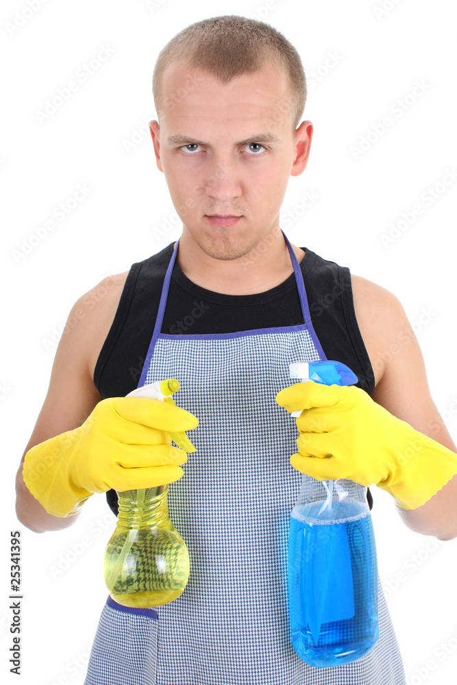 serious man with cleaning spray serious man with cleaning spray