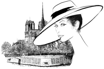 Fototapete Abbildung Paris Frau vor Notre-Dame in Paris  © Isaxar